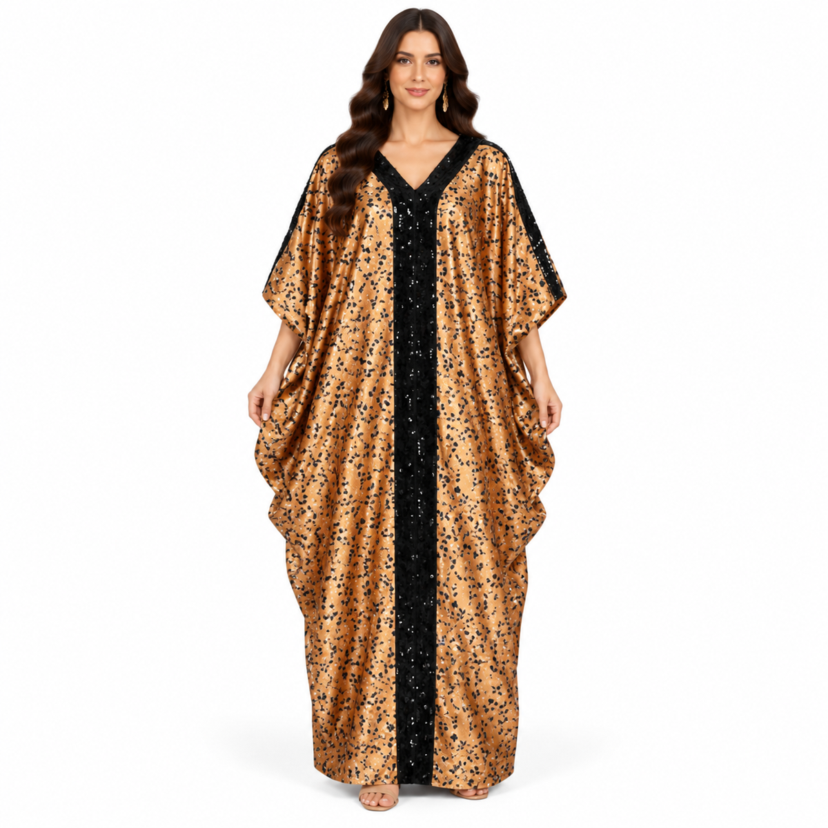 Brown Black Printed Satin Baju Kaftan
