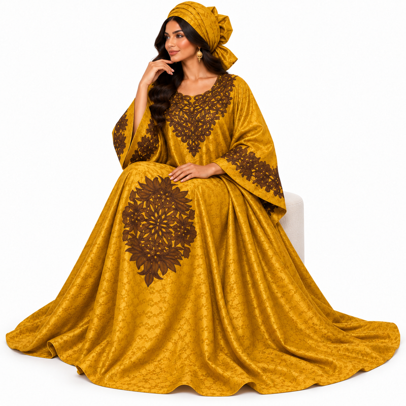 Mustard Brown Embroidered Moroccan Luxury Kaftan-4