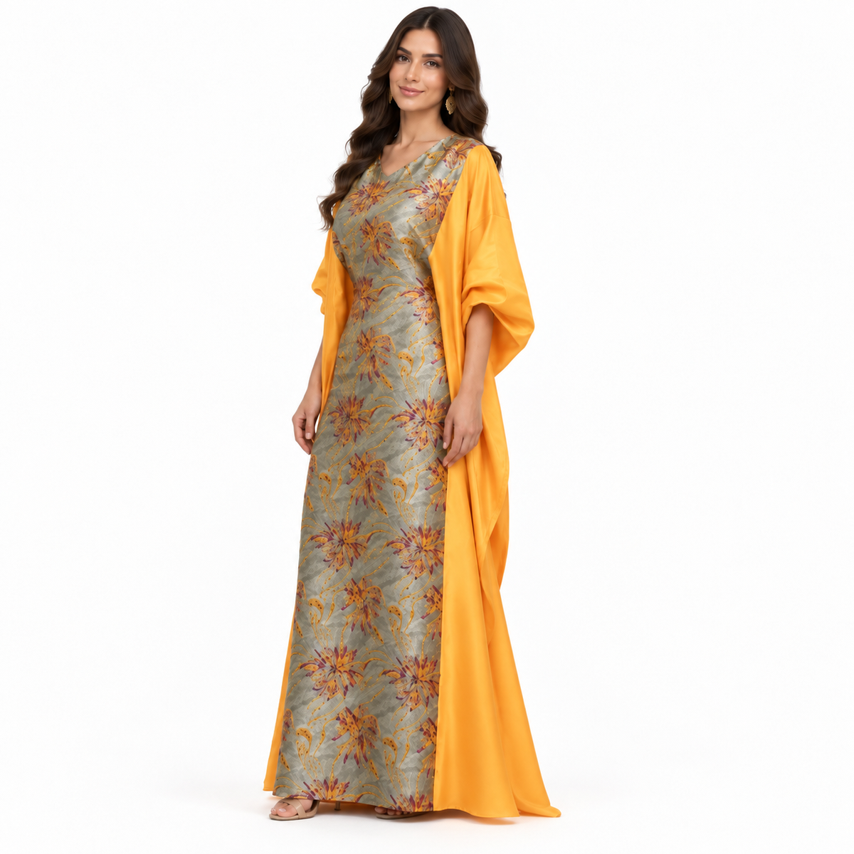 Yellow Floral Brocade Satin Kaftan Dress-2