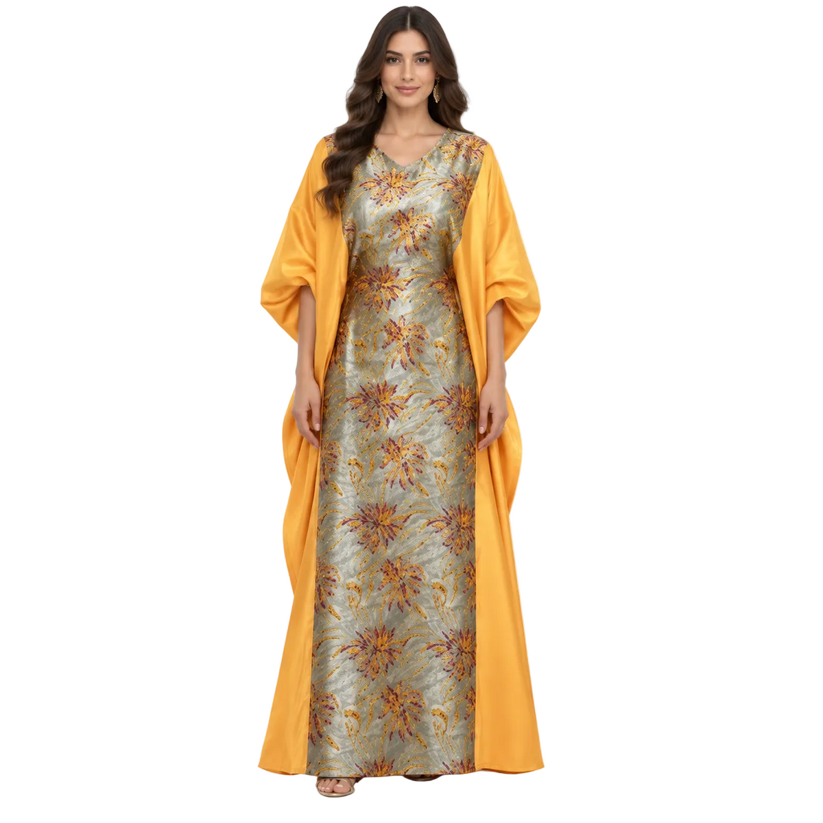 Yellow Floral Brocade Satin Kaftan Dress-1