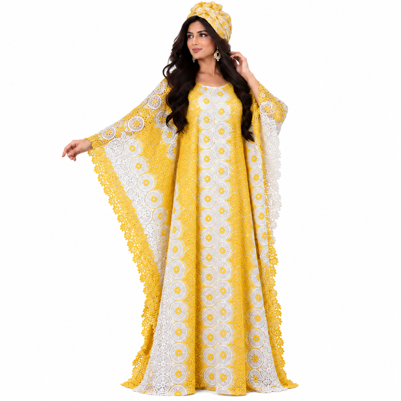Golden Yellow White Lace Kaftan Dress-1