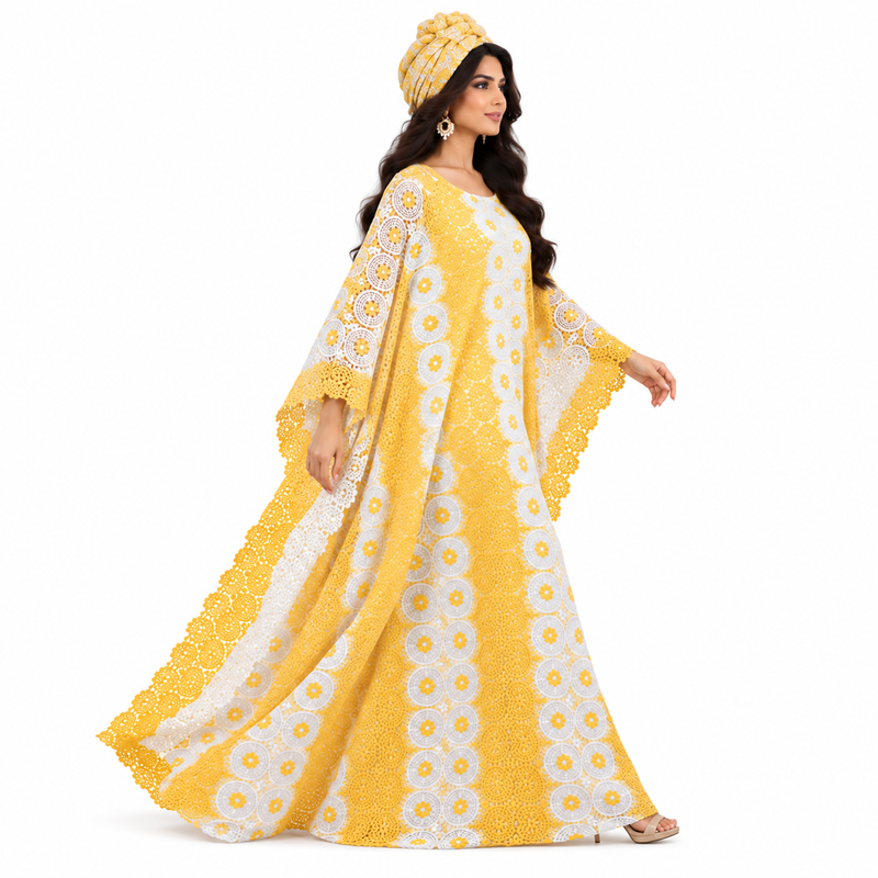 Golden Yellow White Lace Kaftan Dress-3
