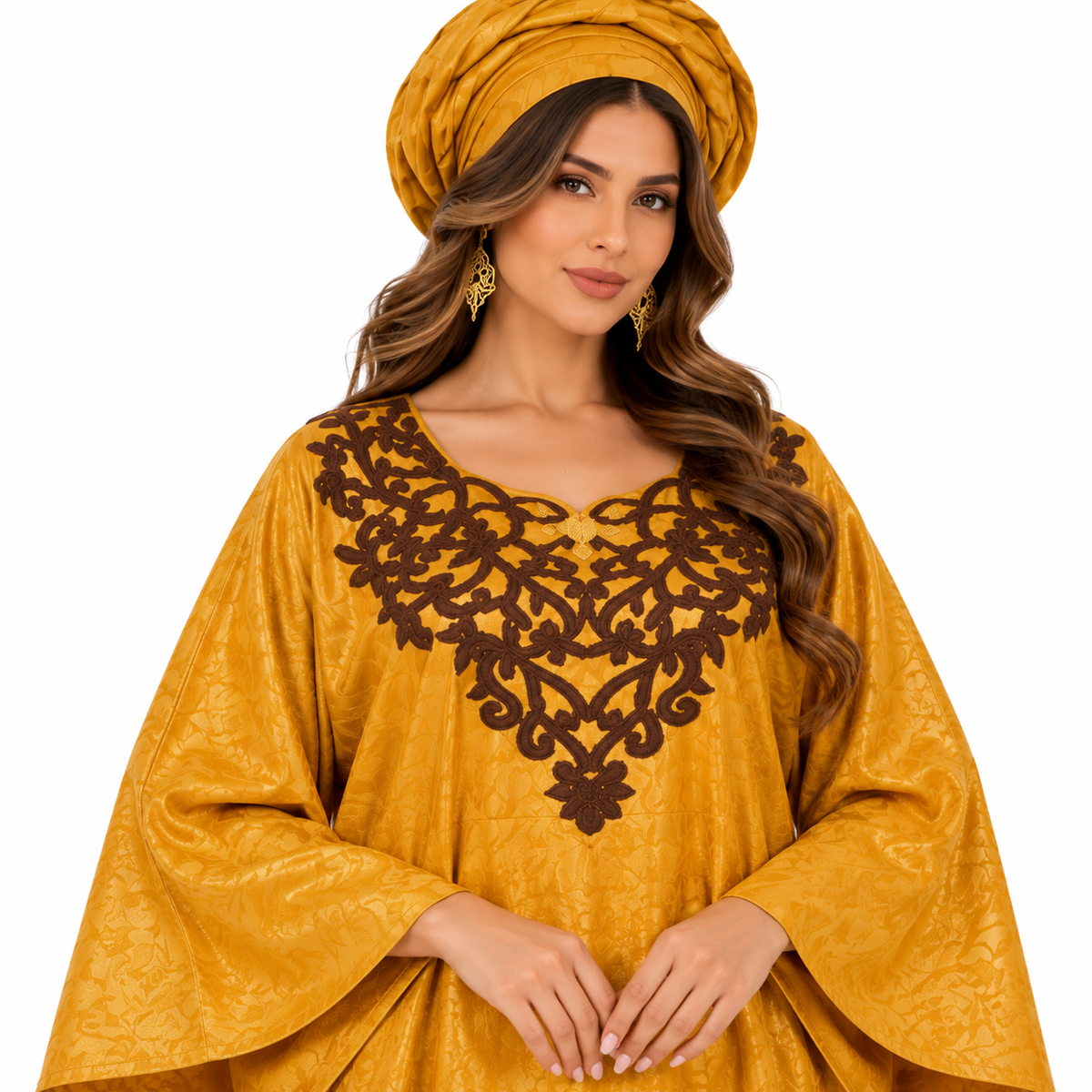 Mustard Gold Brown Embroidered Women’s Kaftan-4
