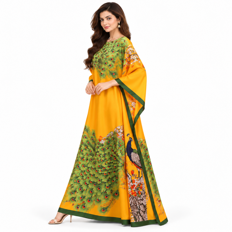 Elegant Yellow Peacock Printed Pakistani Kaftan-2