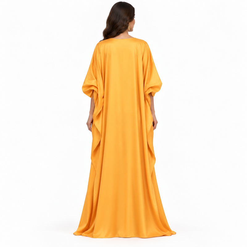 Yellow Floral Brocade Satin Kaftan Dress-4