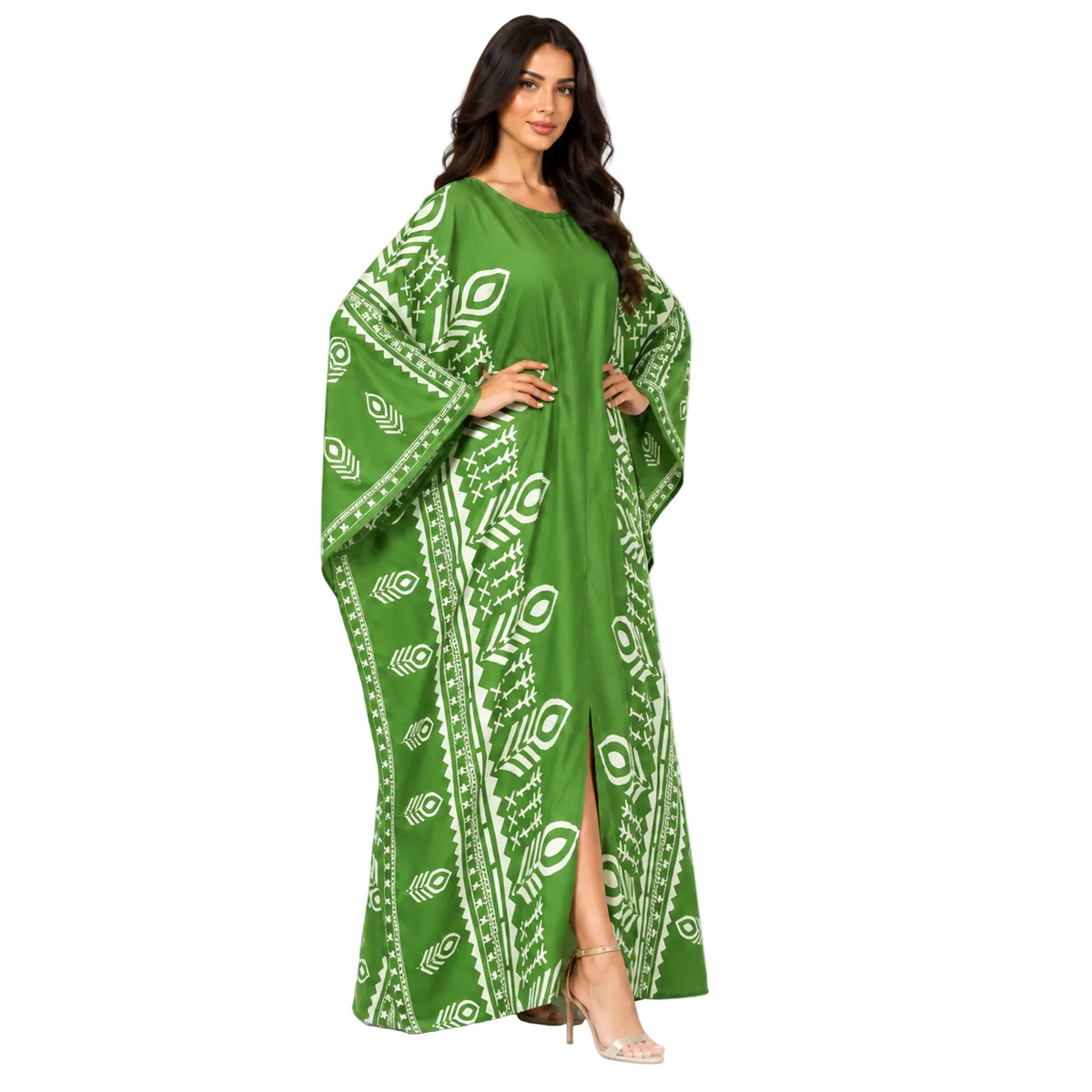 Green Geometric Printed Luxury Batwing Kaftan-2