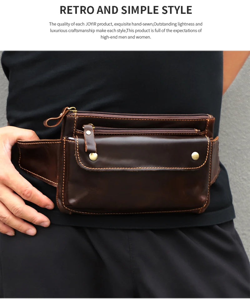 JOYIR Cow Leather Men Waist Bag Vintage Small Fanny Pack Male Belt Pouch Bag Casual Cell Phone Chest Bag for Travel Running -13