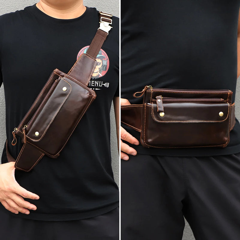 JOYIR Cow Leather Men Waist Bag Vintage Small Fanny Pack Male Belt Pouch Bag Casual Cell Phone Chest Bag for Travel Running -4