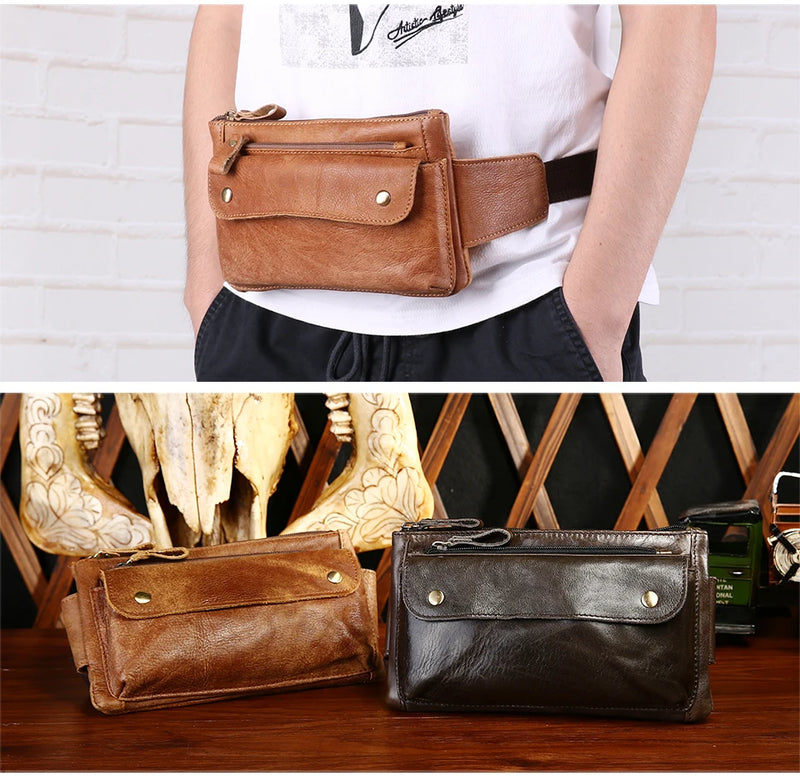 JOYIR Cow Leather Men Waist Bag Vintage Small Fanny Pack Male Belt Pouch Bag Casual Cell Phone Chest Bag for Travel Running -15