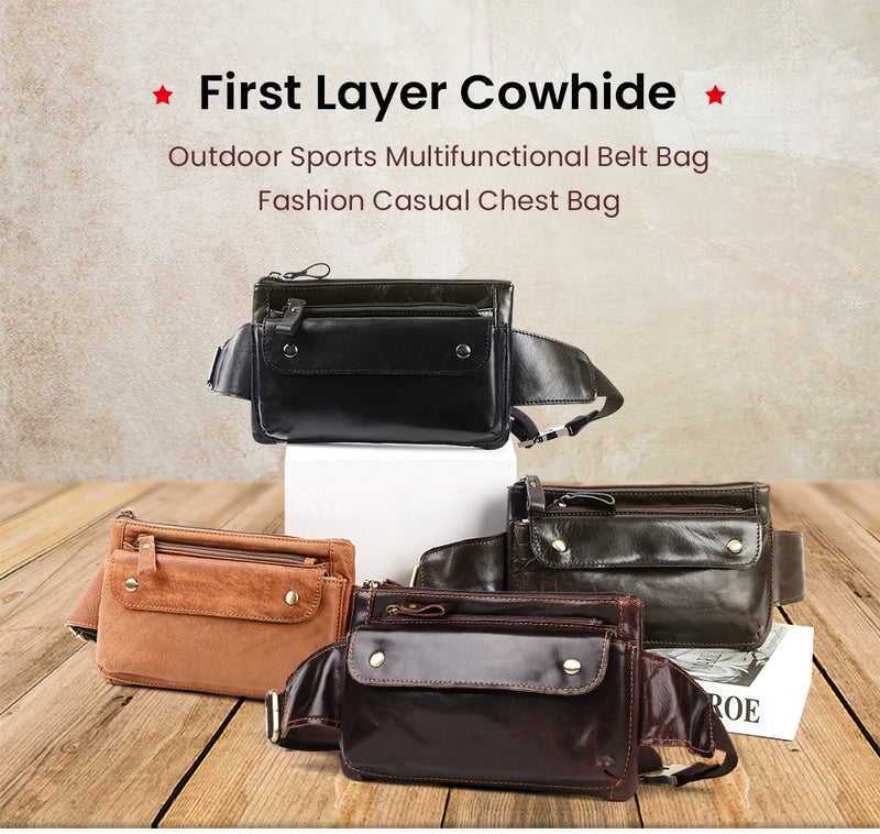 JOYIR Cow Leather Men Waist Bag Vintage Small Fanny Pack Male Belt Pouch Bag Casual Cell Phone Chest Bag for Travel Running -7