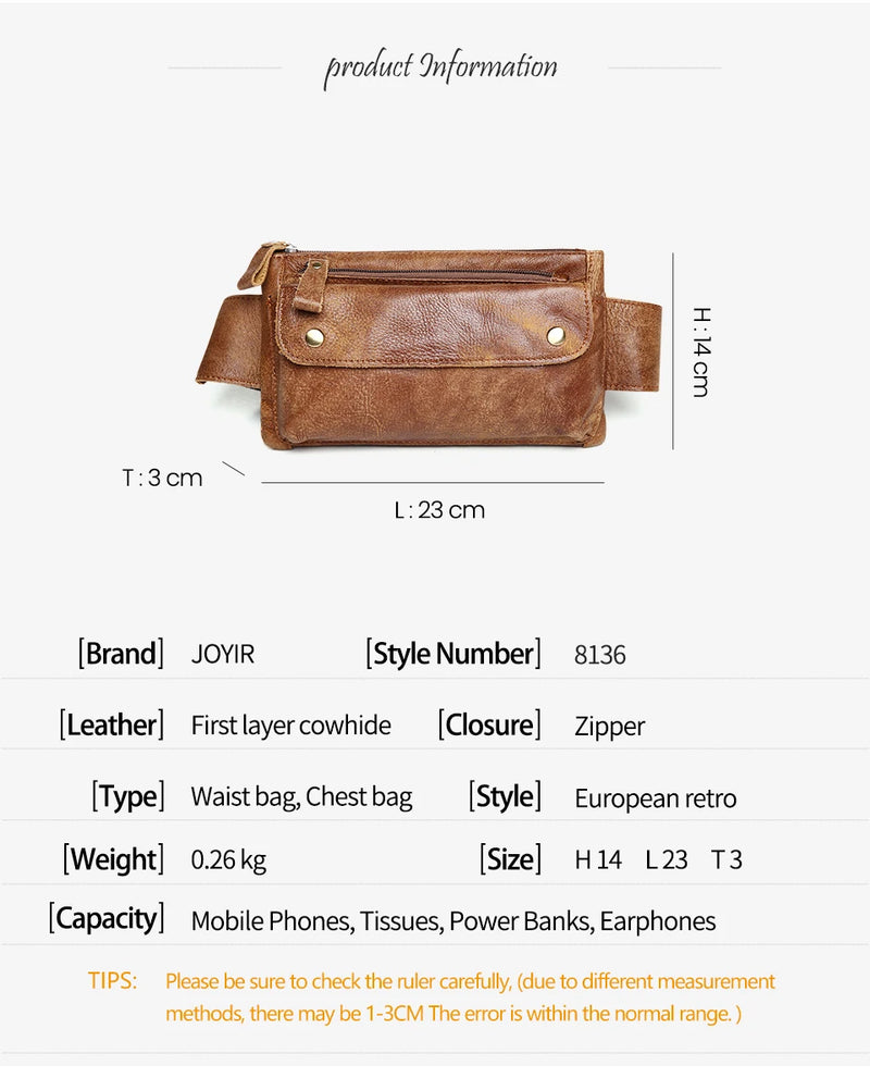 JOYIR Cow Leather Men Waist Bag Vintage Small Fanny Pack Male Belt Pouch Bag Casual Cell Phone Chest Bag for Travel Running -8