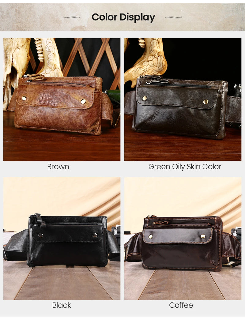 JOYIR Cow Leather Men Waist Bag Vintage Small Fanny Pack Male Belt Pouch Bag Casual Cell Phone Chest Bag for Travel Running -9