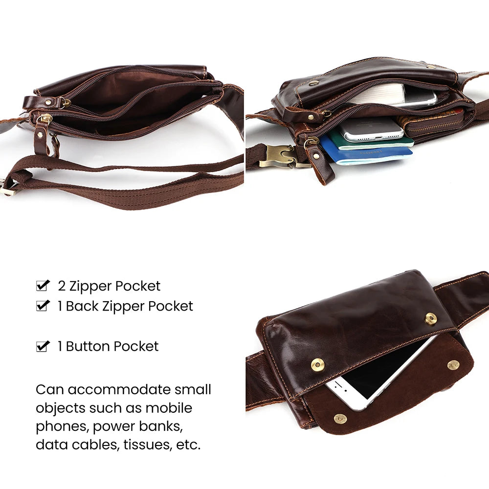 JOYIR Cow Leather Men Waist Bag Vintage Small Fanny Pack Male Belt Pouch Bag Casual Cell Phone Chest Bag for Travel Running -3