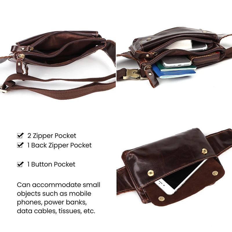 JOYIR Cow Leather Men Waist Bag Vintage Small Fanny Pack Male Belt Pouch Bag Casual Cell Phone Chest Bag for Travel Running -3
