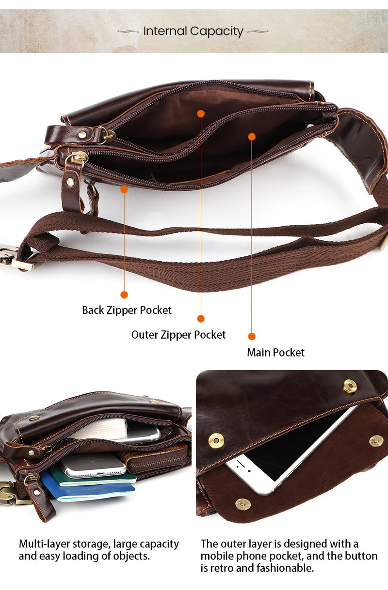 JOYIR Cow Leather Men Waist Bag Vintage Small Fanny Pack Male Belt Pouch Bag Casual Cell Phone Chest Bag for Travel Running -11