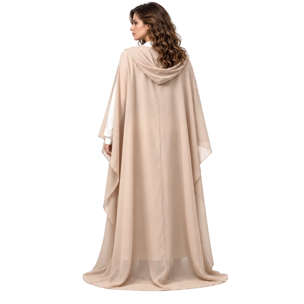 Beige Pearl Embellished Chiffon Luxury Kaftan-4