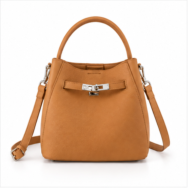 Elegant Tan Textured Leather Bucket Handbag-4