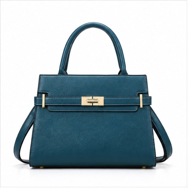 Teal Gold Lock Structured Shoulder Handbag-4