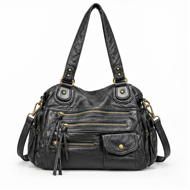Black Multi-Pocket Leather Shoulder Handbag Tote-4