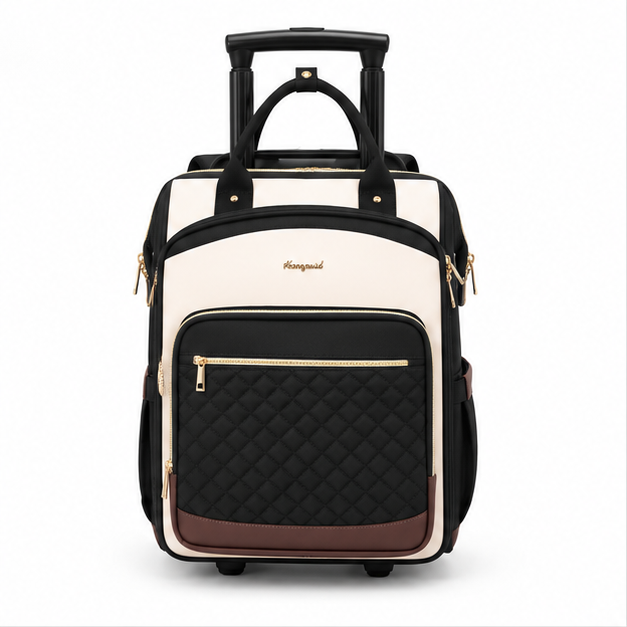 Cream Black Quilted Rolling Travel Backpack-4