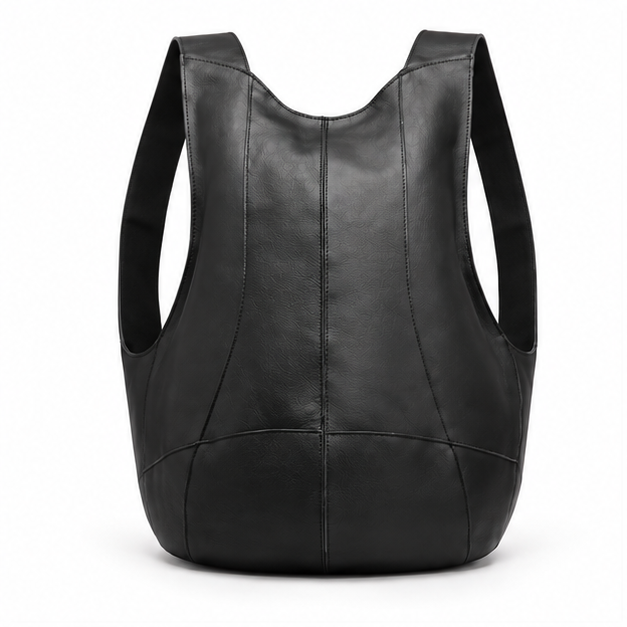 Black Minimalist Leather Everyday Shoulder Backpack-4