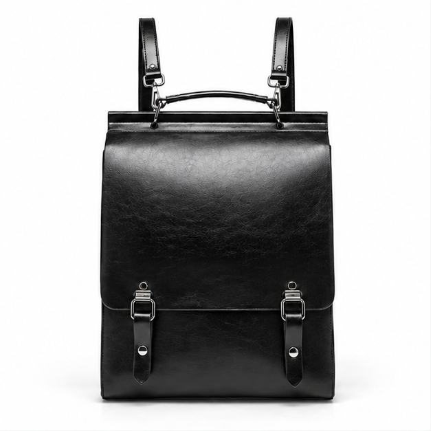 Black Leather Buckle Backpack Shoulder Bag-4