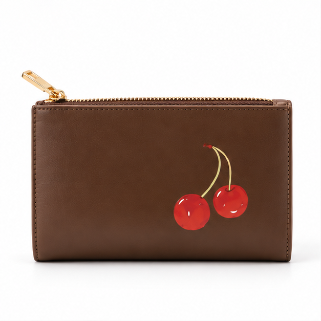 Brown Cherry Print Zip Pouch Wallet-4