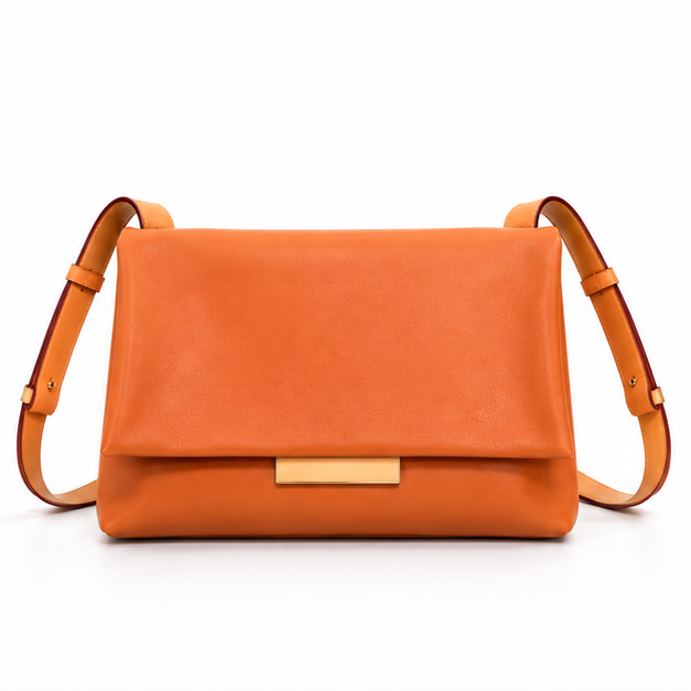 Orange Leather Flap Shoulder Crossbody Bag-4