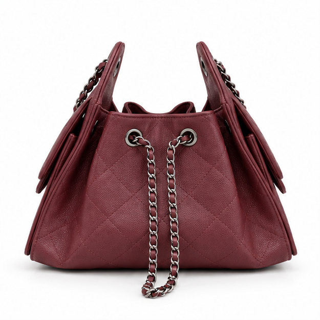 Burgundy Quilted Chain Drawstring Shoulder Bag-4