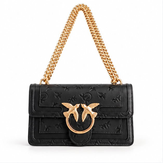 Black Embossed Gold Chain Shoulder Bag-4