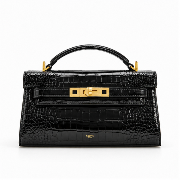 Black Crocodile Embossed Top Handle Handbag-4