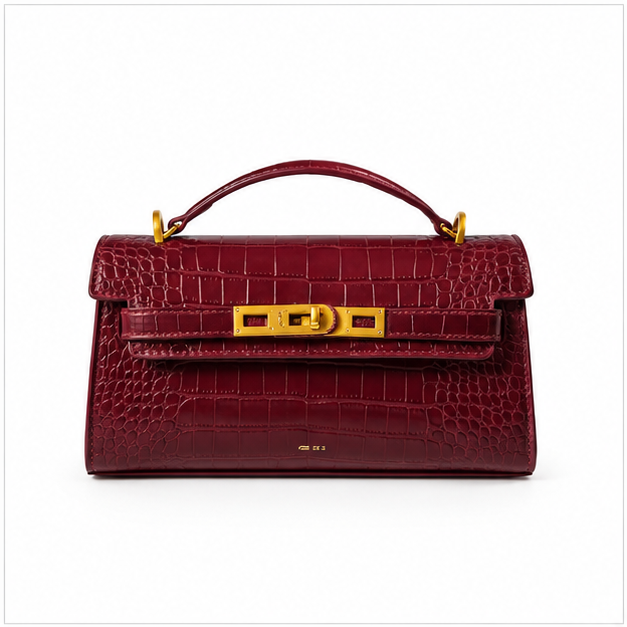 Burgundy Croc Embossed Structured Top Handle-4