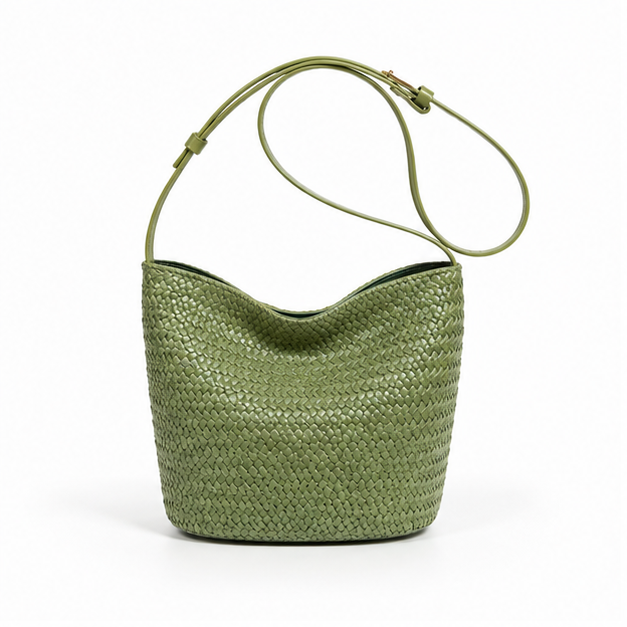 Olive Woven Adjustable Shoulder Bucket Bag-4