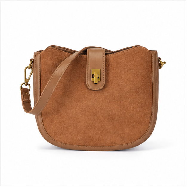 Coffee Suede Saddle Crossbody Shoulder Bag-4
