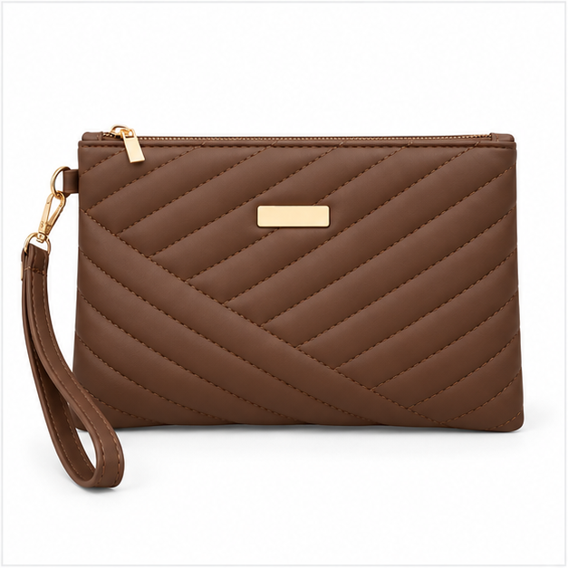 Brown Quilted Wristlet Clutch Bag Purse-4