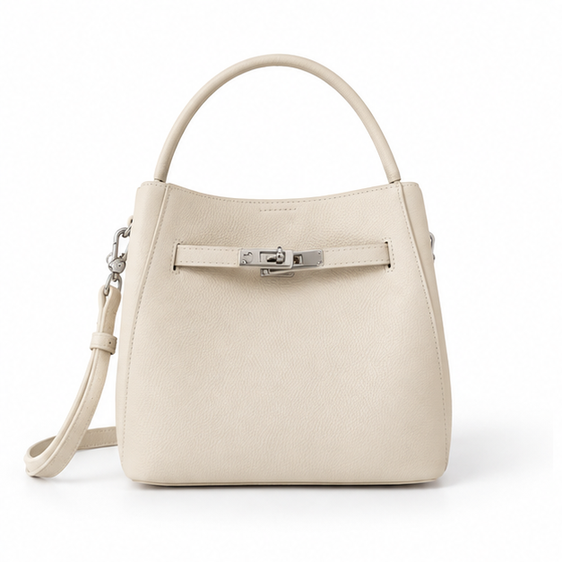 Elegant Ivory Pebbled Leather Bucket Handbag-4