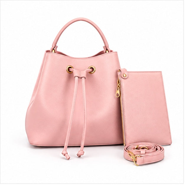 Pink Drawstring Bucket Handbag Pouch Set-4