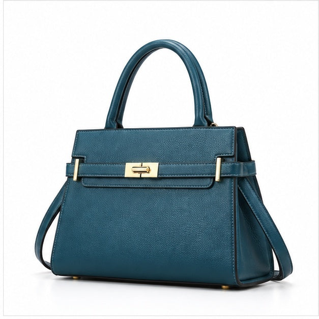 Teal Gold Lock Structured Shoulder Handbag-3