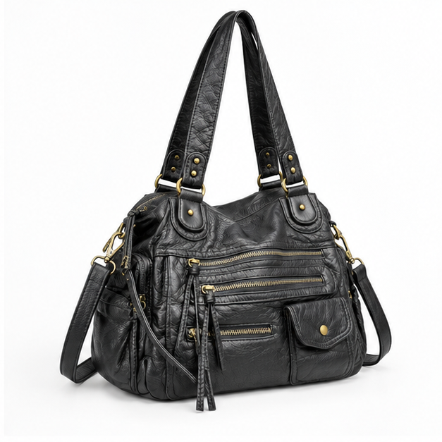 Black Multi-Pocket Leather Shoulder Handbag Tote-1
