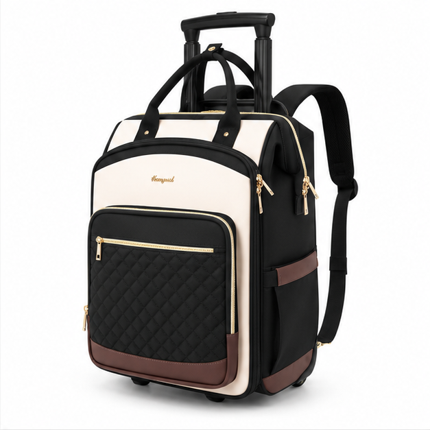 Cream Black Quilted Rolling Travel Backpack-3