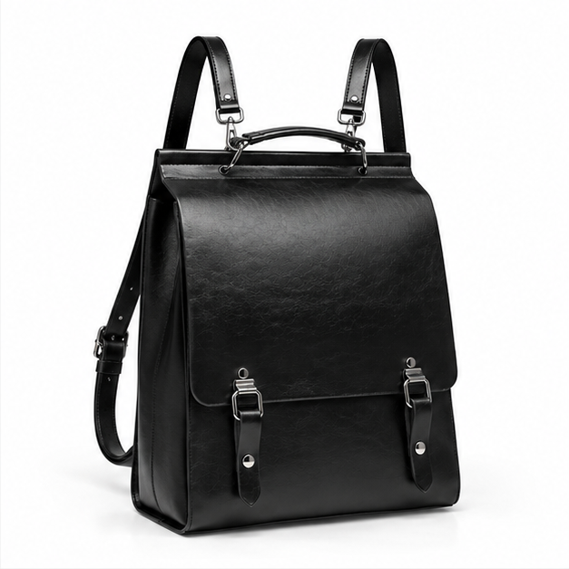 Black Leather Buckle Backpack Shoulder Bag-1