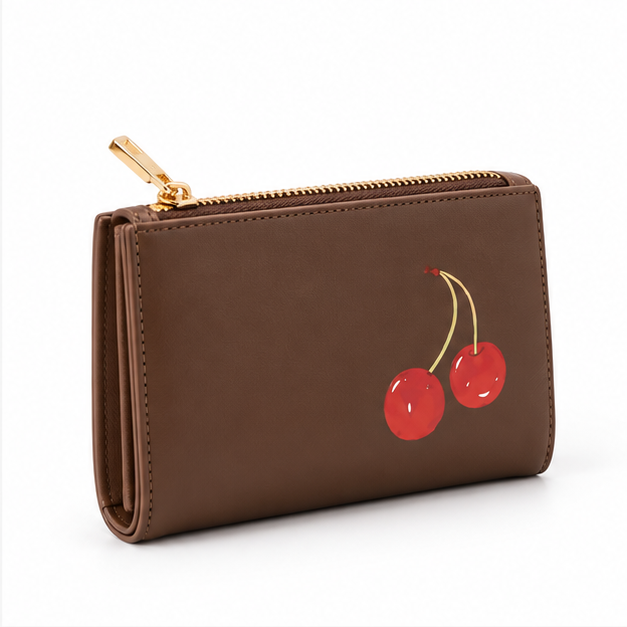 Brown Cherry Print Zip Pouch Wallet-1