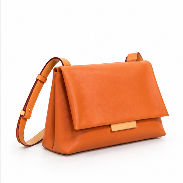 Orange Leather Flap Shoulder Crossbody Bag-1