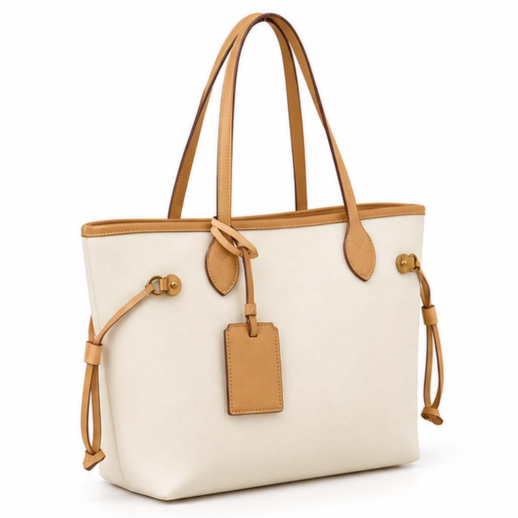 Elegant Cream Tan Trim Tote Bag-1