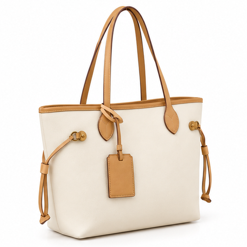 Elegant Cream Tan Trim Tote Bag-1