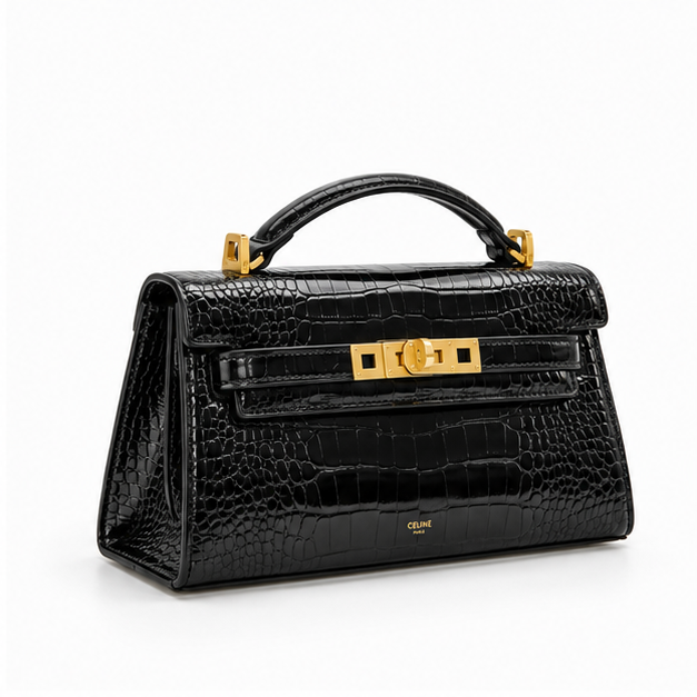 Black Crocodile Embossed Top Handle Handbag-1