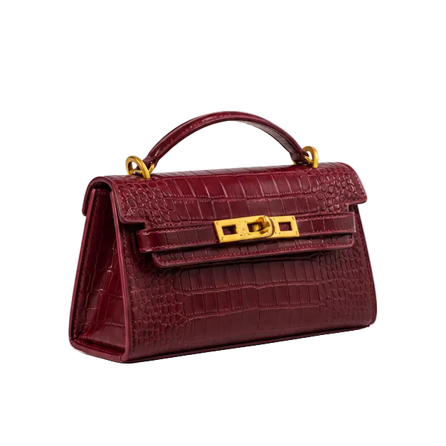 Burgundy Croc Embossed Structured Top Handle