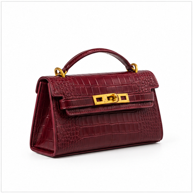 Burgundy Croc Embossed Structured Top Handle-1