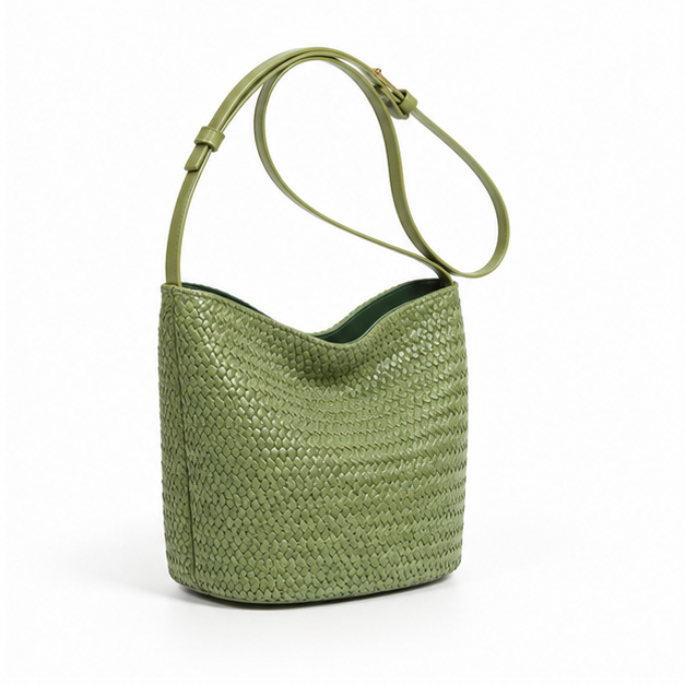 Olive Woven Adjustable Shoulder Bucket Bag-1
