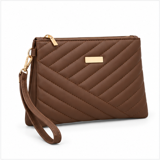 Brown Quilted Wristlet Clutch Bag Purse-1